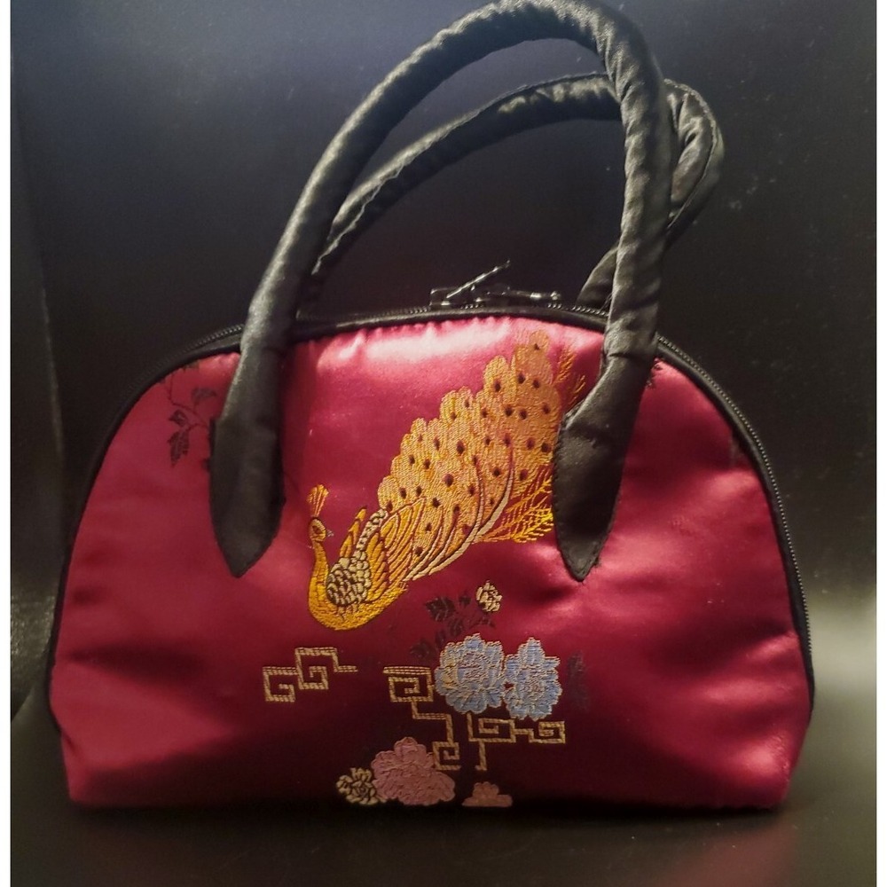 Satin Embroidered Purse/Make-up Bag Gold Peacocks Small Bag w/Handles